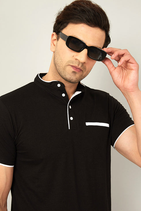 Men Black Henley Half Sleeve T-Shirt